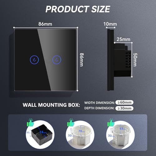 BSEED Smart Lichtschalter 2 Fach 2 Wege Wifi Smart Lichtschalter arbeitet mit Amazon Alexa and Google Home,Glas Touchscreen-schalter Schwarz-2 Pack(Erforderlich NeutralDraht)