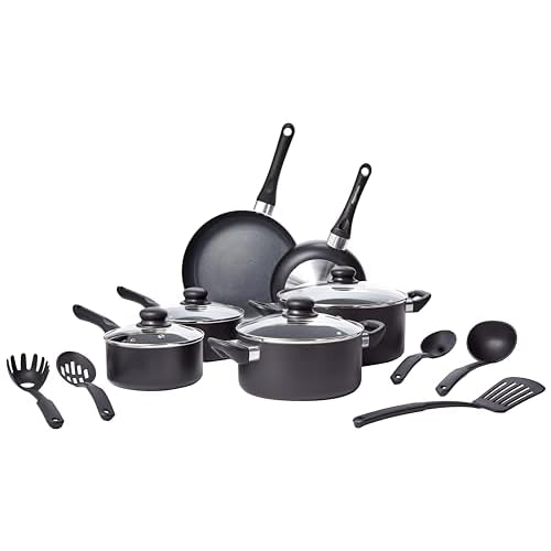 Amazon Basics Non Stick Kitchen Cookware 15-Piece Set, Non-Induction, Includes Pots, Pans, and Utensils, Black