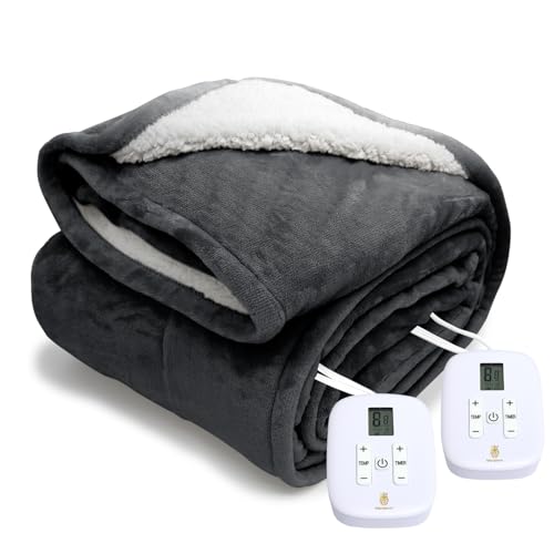 Electric Blanket MicroPlush Sherpa and Reversible Flannel Washable Comfortable (Charcoal, 100 x 90'')
