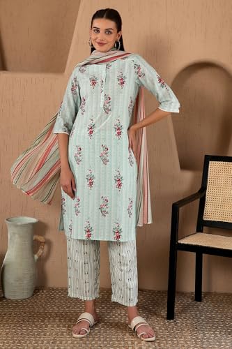Image of W for Woman Women's Pure Cotton Floral Printed Straight Kurta and Pant with Dupatta Set