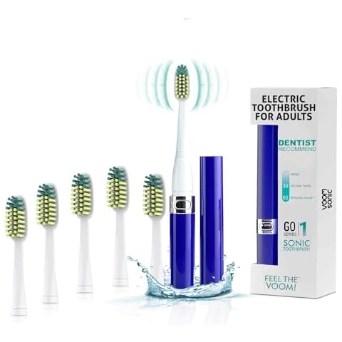 Voom Sonic Go 1 Series Travel Electric Toothbrush + 4PK Brush Heads, Travel Toothbrushes - Battery Operated Toothbrush for Adults & Kids, Portable with 2 Minute Timer (Royal Blue) Cover