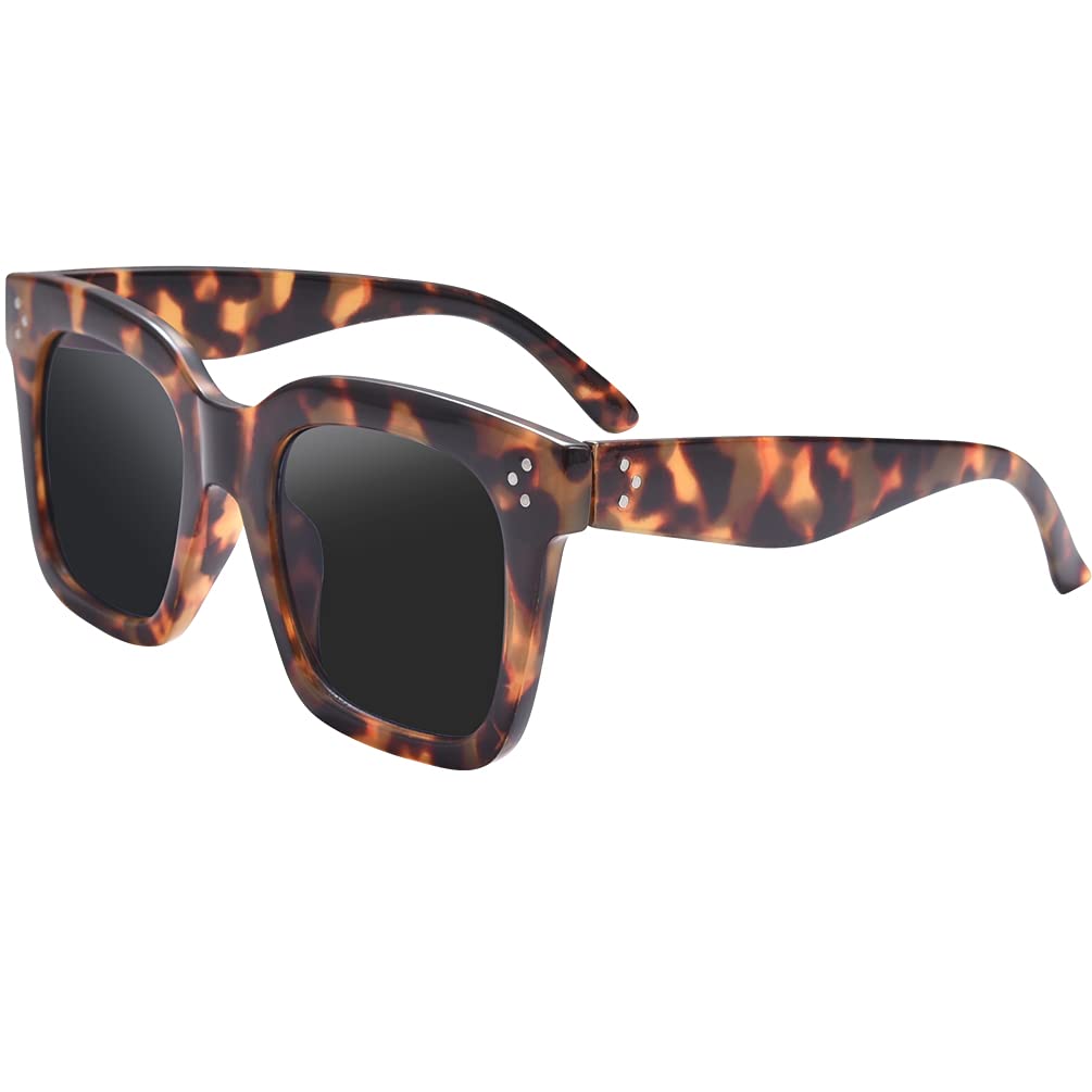 Übergroße Damen-Sonnenbrille, Vintage-Stil, luxuriös, quadratisch, UV400-Schutz, flache Gläser, Bernsteinfarbener Schildpatt-Rahmen, schwarze Linse, Large