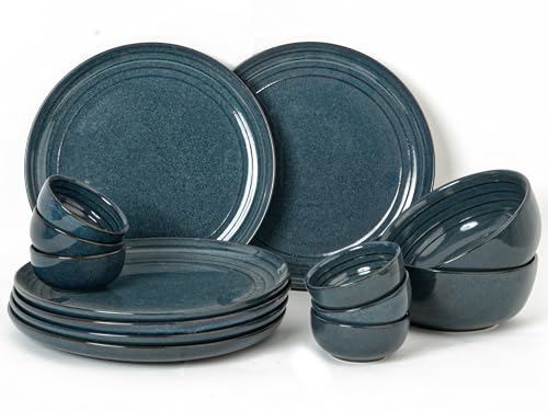Image of Bodhi House Handcrafted Chip Resistance Porcelain Dinner Set, 14 Pieces Dish Set Serving for 6, Microwave and Dishwasher Safe, Bone-ash Free, Crockery Set for Dining and Gifting, Sapphire Blue