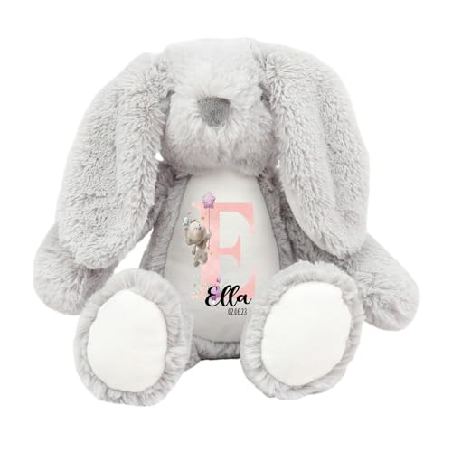 Crafted Memories - Personalised Teddy | Velveteen Bunny Soft Toy | Customisable Name for Newborns | Keepsake for Boys & Girls | Baby Shower Item | Pink Initial | Grey or White 20-23cm