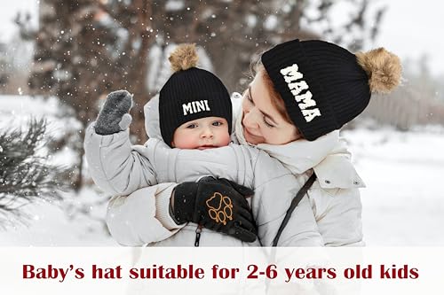 2PCS Parent-Child Beanie Hat Mama and MINI Embroidery Knitted Hat Winter Warm Cuffed Ski Cap with Pom Pom2