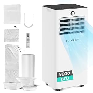 HAUSHOF Mobile Klimaanlage 9000 BTU, 4-in-1 Klimagerät mit Abluftschlauch & Isolierhülle, Kühlen/Entfeuchten/Ventilie... 330 m³/h, mit Fensterdichtungsset, für Räume bis 30 m²