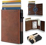 TopMost Genuine Leather Pop Up Wallet for Men, Credit Card Holder, RFID Blocking Ridge Wallets for Men with ID Window, Slim, Minimalist, 5-9 Card Capacity & Cash Slot, Brown