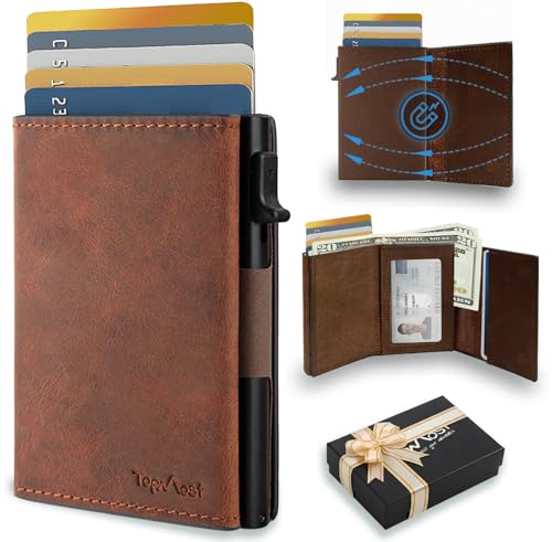 TopMost Genuine Leather Pop Up Wallet for Men, Credit Card Holder, RFID Blocking Ridge Wallets for Men with ID Window, Slim, Minimalist, 5-9 Card Capacity & Cash Slot, Brown