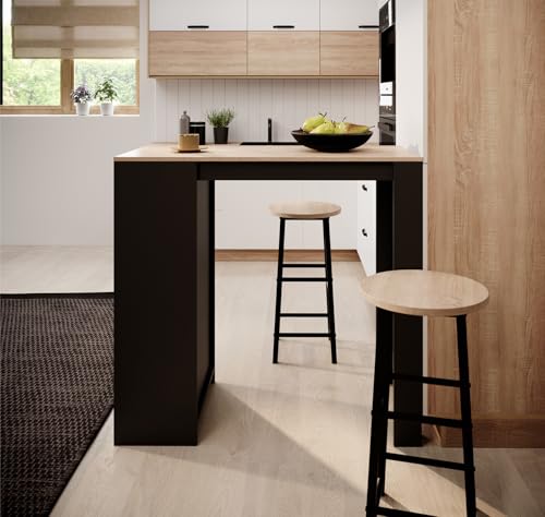 MB Muebles Bonitos | Table Haute de Cuisine Kyra avec 3 Étagères de Rangement | Mange-Debout Moderne pour Petit Espace | Îlot de Bar Noir et Sonoma | 110x103x50 cm – vue 5
