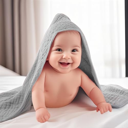 Image of VitalCozy 12 Pcs Baby Muslin Hooded Bath Towels and Washcloths, Muslin Hooded Baby Towels Absorbent Blankets for Gift Newborn Infant Shower (Neutral Colors)