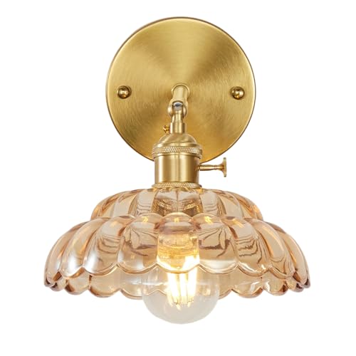 Image of Industrial Style Amber Glass Wall Lights Bedside Lamp with Brass Socket Compatible with E26 /E27 Bulbs 110V /120V Hardwired Wall Sconce with Switch