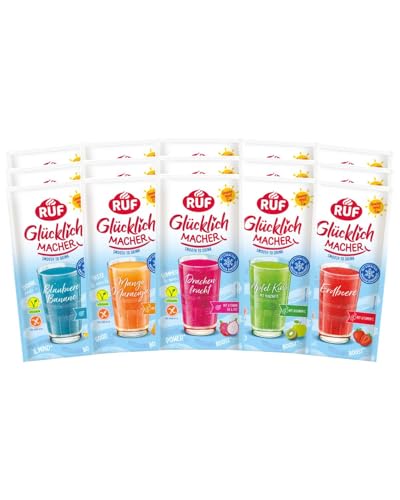 RUF Glücklichmacher Smooth to Drink Set (15 Stück) 5 Sorten fruchtiges Getränkepulver Drachenfrucht Mango-Maracuja Apfel-Kiwi Blaubeere-Banane Erdbeere inkl. Gewinnspiel