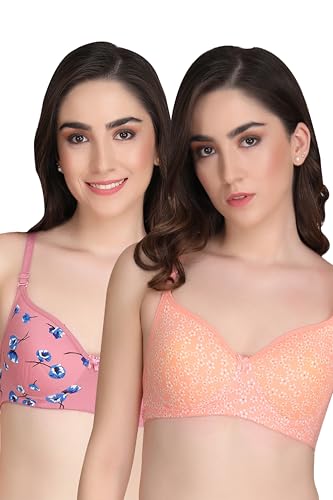 Image of Flower Print Bra for Women - Made of Pure Cotton Full Coverage Non Wired Pushup Soft Cup for T-Shirt Saree Dress Sports Garment for Daily Use Everyday
