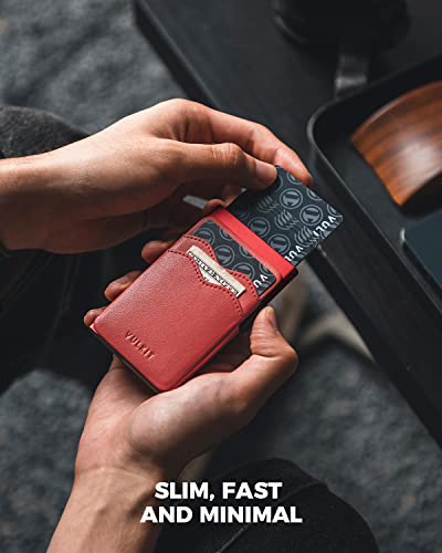 Image of VULKIT Credit Card Holder Minimalist Slim Pop Up Wallet with Leather Slots RFID Blocking for Men and Women Holds 7 Cards and Notes Red