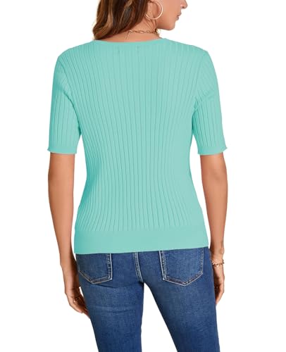 Image of Women Summer Knit Shirt Blouse V Neck Short Sleeve Pullover Sweater Tops