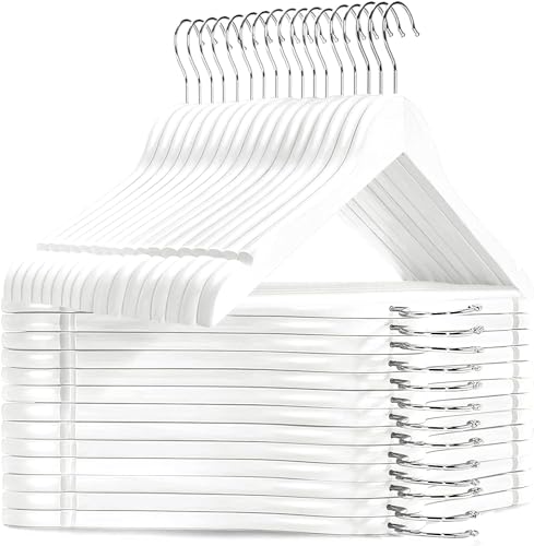 Image of WHISKET Solid Wood Hangers,Premium Wood Hangers with 360-Degree Rotatable Hook and Notches, Natural, Heavy Duty Wood Hangers for Coats, Suits, Jackets, Closet (White) [Pack of 12]