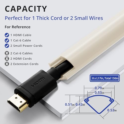 Image of ZhiYo Corner Cable Hider for 1 Cord, Hide Wires on Wall Corner, 136in Beige | 8 Pack (17 inch Each), Self-Adhesive Cable Concealer, Quarter Round Cable Management Raceway for Baseboards & Ceiling Corners