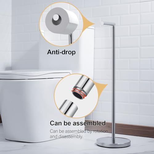 Image of BAGNOLUX Bathroom Toilet Paper Holder Stand with Reserve, SUS304 Stainless Steel Rustproof Pedestal Tissue Roll Holder Heavy Duty, Polished Chrome
