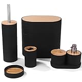 Bamboo Bathroom Accessories Set with Trash Can, Vanity Tray,Tumbler, Qtip Holder, Soap Dispenser, So