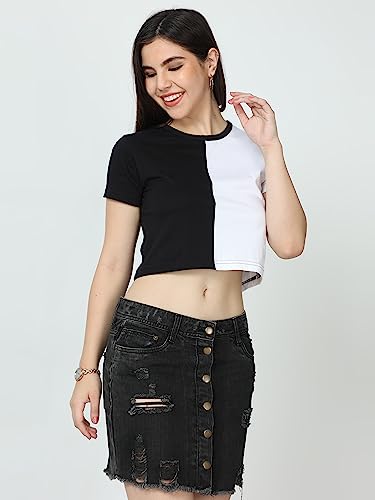 Image of FLEXIMAA Women's Cotton Plain Round Neck Half Sleeve Crop Top