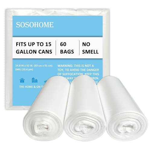 15 Gallon Trash Bags - 1 MIL Ultra Strong Tall Kitchen Garbage Bags, Unscented Trash Can Liners for Office, 60 Count