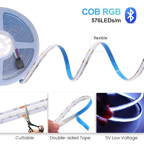 Tira LED RGB COB 5V 3M 576 LEDs/m con control Bluetooth miniatura 5