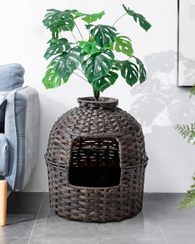 Image of SETVSON Cat Litter Box Plant Furniture Enclosure, Hidden Handwoven Rattan with Cat Litter Box and Artificial Plants, Odor Control Filter, Real Stones in Living Room, Bedroom, Corner (Brown)