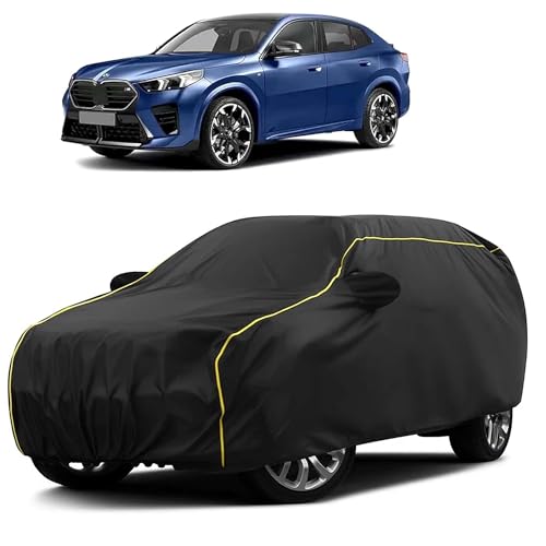 Image of Sulfar 100% Water Resistant Car Body Cover Compatible with Mirror for BMW X2 (Triple Stitched, Full Bottom Elastic, Black Taffeta with Yellow Piping)