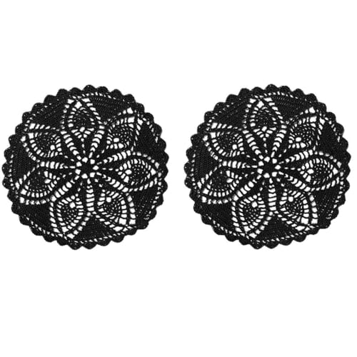 BOMHCS Juego de 2 manteles individuales redondos de ganchillo de 10 a 11 pulgadas, para cocina, taza de té, mesa de café, bar, manteles individuales hechos a mano (negro, de 10 a 11 pulgadas, 2