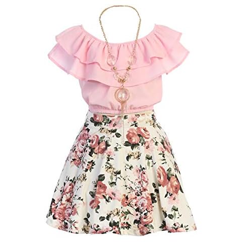BNY Corner Big Girl 3 Pieces Girls Ruffle Top Flower Skirt Summer Clothing Dress Set Blush Pink 10 JKS 2130S Cover