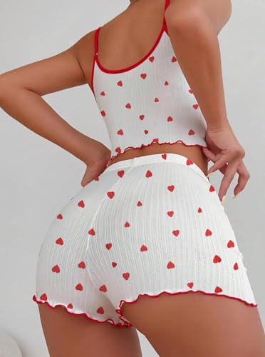 Image of Hilinker Womens Graphic Print Ribbed PJ Set Crop Cami Tops and Shorts Cute Pajamas Set