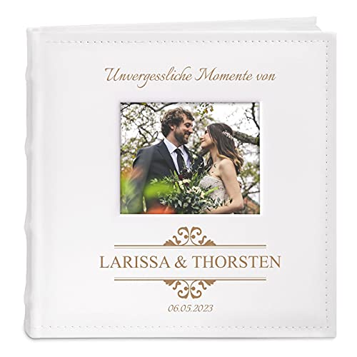 Maverton Einsteckalbum mit Aufdruck - 21x22cm - Fotoalbum für 200 Fotos 10x15cm - 100 Seiten - Weiß - Geschenk für Brautpaar - Hochzeitsgeschenk - Momente