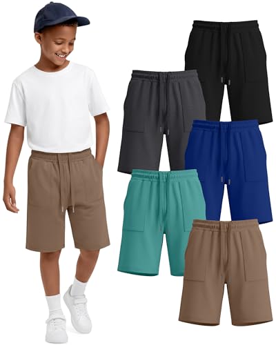 Langyiwee 5 Pack Boys Shorts Kids Athletic Shorts Teen Summer Elastic Waist Drawstring Pull on Sweatshort Pocket 6-16Y(8-9 Years,Khaki, Lake Green, Royal Blue, Black, Dark Heather Gray)