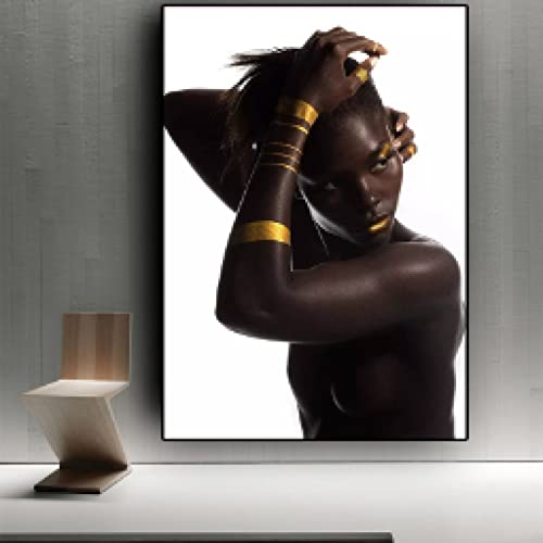 Peinture sur toile femme africaine noir et or 80x110cm affiche scandinave salon sans cadre