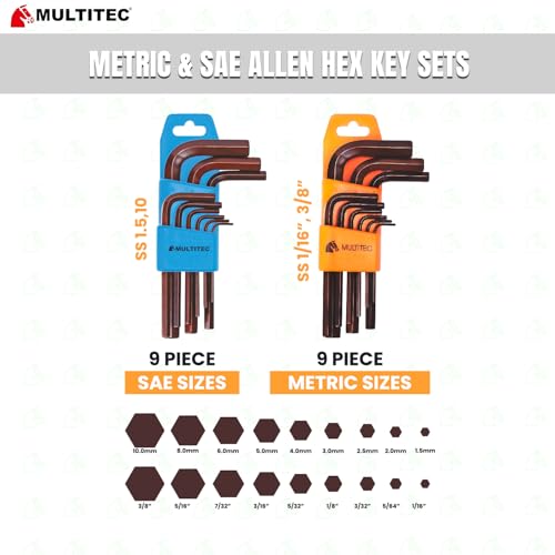 Image of MULTITEC Hex Short Allen Key Set HSLK100 - 9-Piece Metric Sizes (1.5mm to 10mm) with Plastic Holder | Alloy Steel | Hardened & Tempered | Ball End Design | High Torsional Strength