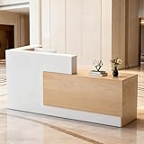L-Shaped Large Wooden Reception Desk, Modern Front Desk Reception Counter with Lockable Drawers & Storage & Keyboard Tray, for Checkout, Lobby (Left-Natural Wood/White, 71''L x 42''W x 41''H)