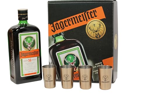 JÄGERMEISTER - Licor de Hierbas Gift Pack 700 ml + 4 Vasos Metálicos, con 56 Ingredientes Naturales