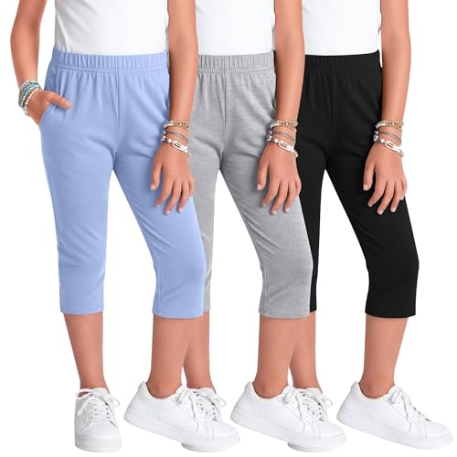 Langyiwee 3 Pack Girls Capri Pants 5-16 Years Kids Capris Elastic Waist Casual Summer Lightweight Cropped Pants with Pockets(13-14 Years Light Blue Light Gray Black)