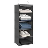 Innoteck Hanging Wardrobe Organiser with 5 Foldable Shelves – Grey Linen Fabric, Bamboo Inserts & Metal Hooks, Space-Saving Clothes Storage 30x30x90 cm