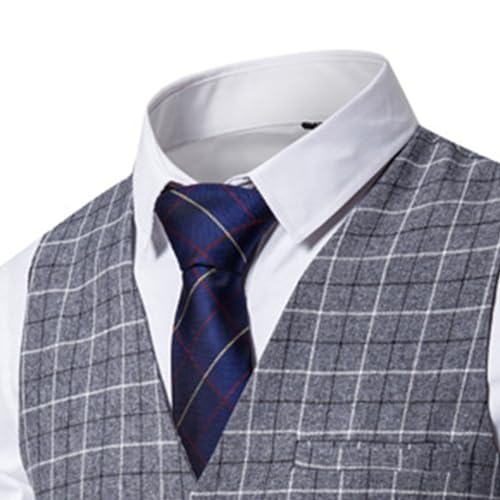 Maiyifu-GJ Men's Formal Suit Vest Casual Business Plaid Dress Vests V-Neck Slim Fit Waistcoat for Wedding with Pocket4
