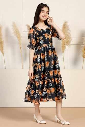 Image of Fashion Dream Girl's Organza Floral Printed Calf Length Dress|Western Dress|Kids Dress|Fancy Dress
