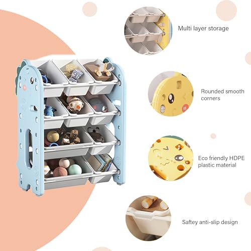 Image of oddpod Dino Kids Toy Organizer Storage Racks with Bins, Cute Cartoon Montessori Plastic Bookshelf for Children & Bedroom Shelf for Baby Hardline Toys, Books, Clothes & Games - Blue (8+2 Bins)