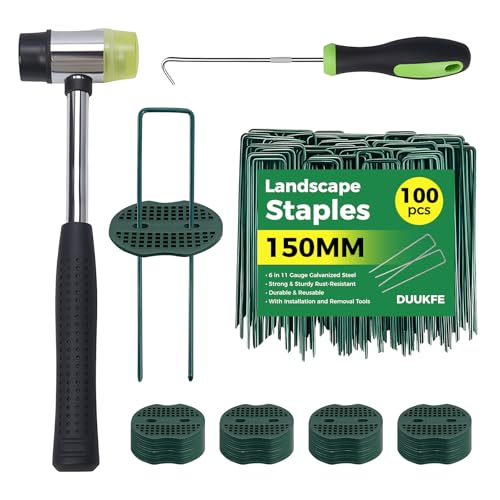 100pcs Green Landscape Stakes Staples 6 Inch +100pcs Gaskets+Hook Tool+Rubber
