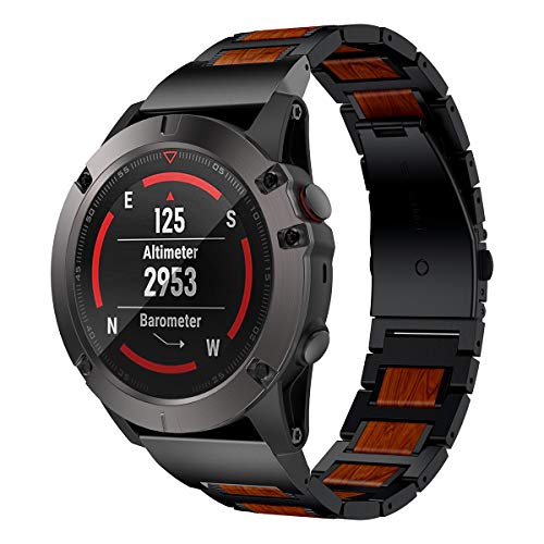 Ldfas Fenix 7X/6X/5X Plus Band, Natural Wood Red Sandalwood Stainless Steel Metal Watch Band, 26Mm Quick Release Easy Fit Strap Compatible For Garmin Fenix 7X/6X Pro/5X/5X Plus/3Hr/Descent Mk2 #TOP2