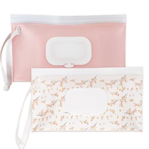 eoscasely Wipe Dispenser and Wipes Container, 2 Pack Reusable Wipes Holder and Travel Wipes Case, Refillable Pouch for Baby Essentials, Pink & Leaf...