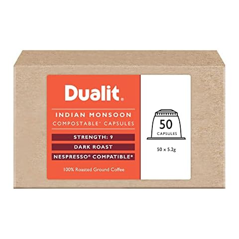 Nespresso® Compatible* Indian Monsoon Compostable Capsules By Dualit - 50 Pack - 50 Servings of Eco Friendly Single Origin Coffee Pods - 100% Compostable Capsules Cover