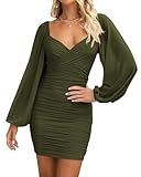 BTFBM Women's Elegant Ruched Bodycon Dresses Summer Fall Mesh Long Sleeve Cross V Neck Party Club Mini Cocktail Dress(Solid Army Green, Large)