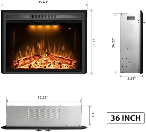 Benrocks 36” Electric Fireplace Inserts with Glass Door and Mesh Screen, Multicolor Flames & Fire Crackling Sounds, Timer, Overheating Protection Fireplace Heater, 750/1500W - Thumbnail 2