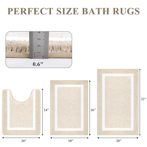 Pauwer Bathroom Rugs Sets 3 Piece Bathroom Shower Rugs with U-Shaped Contour Toilet Mat Absorbent Microfiber Plush Bath Mats Non Slip Bath Rugs Machine Washable Shaggy Bath Floor Mats, Light Beige