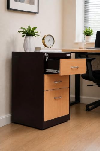 Image of Amazon Brand - Solimo 3 Drawer Steel Pedestal Cabinet | Lockable Powder Coated Filing Cabinet for Files, Documents & Stationery | Office Storage Unit (Brown, Pedestal with Levellers)